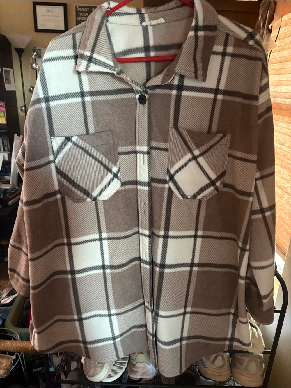 Maurices Taupe and Cream Plaid Button-Front Shacket